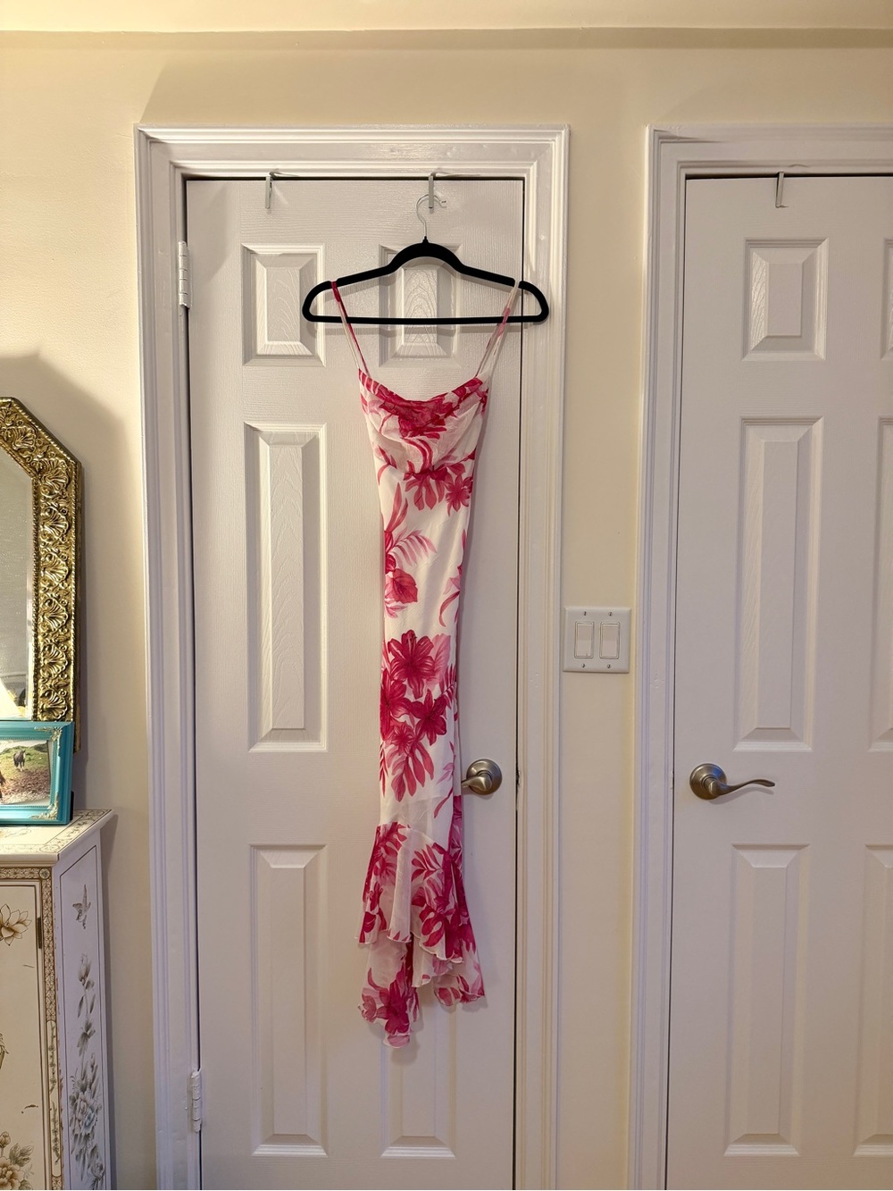Vintage 1990s Rampage hibiscus flower milkmaid midi ruffle dress, XS